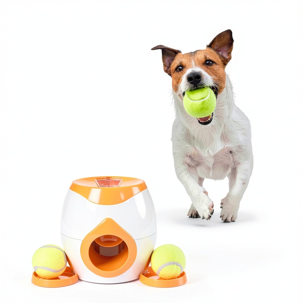 TIEVOSA Dog Tennis Ball Food Reward Machine in use with a happy dog