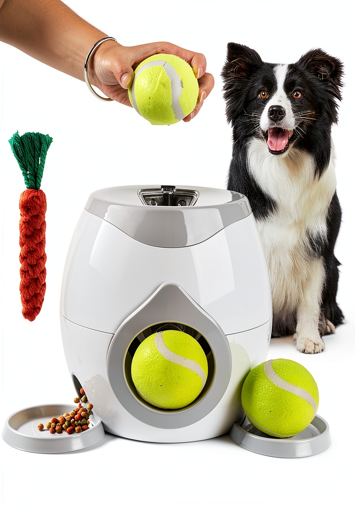 Generic automatic dog ball launcher in use with a happy dog