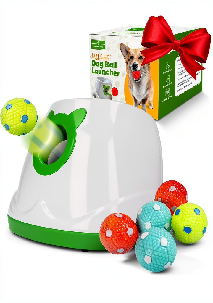 Automatic dog ball launcher in use outdoors with a happy dog