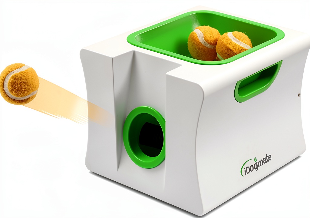 iDogmate automatic dog ball launcher in use with a small dog