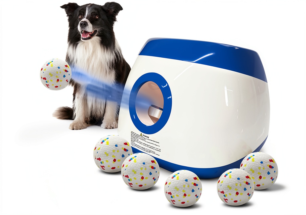 SOCO automatic dog ball launcher in action on a grassy lawn