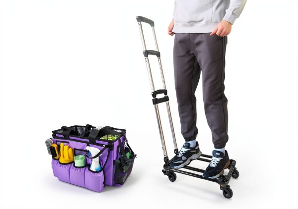 Large Rolling Cleaning Bag with Detachable Trolley, Portable Cleaning Cart with Waterproof Aluminum Foil Lining for Housekeepers, Cleaning Supply Caddy on Wheels for Home, Car, Office, Picnic(Purple)-1