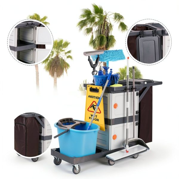 Janitorial Cart FinerFurnis 2‑Cabinet Cleaning with Oxford Bag Gray-2