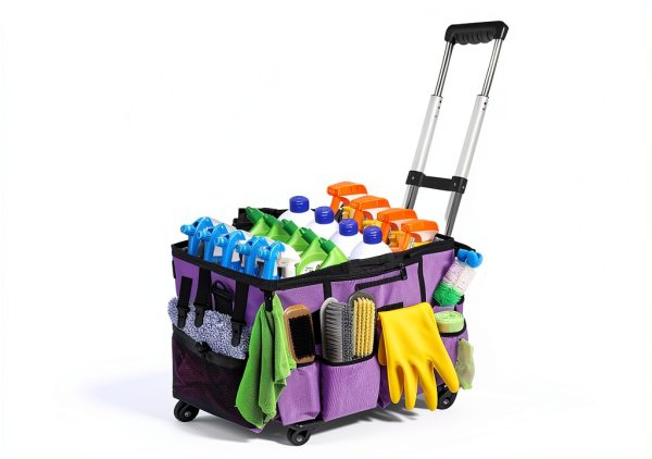 Large Rolling Cleaning Bag with Detachable Trolley, Portable Cleaning Cart with Waterproof Aluminum Foil Lining for Housekeepers, Cleaning Supply Caddy on Wheels for Home, Car, Office, Picnic(Purple)-3