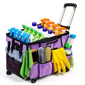 Large Rolling Cleaning Bag with Detachable Trolley, Portable Cleaning Cart with Waterproof Aluminum Foil Lining for Housekeepers, Cleaning Supply Caddy on Wheels for Home, Car, Office, Picnic(Purple)-0