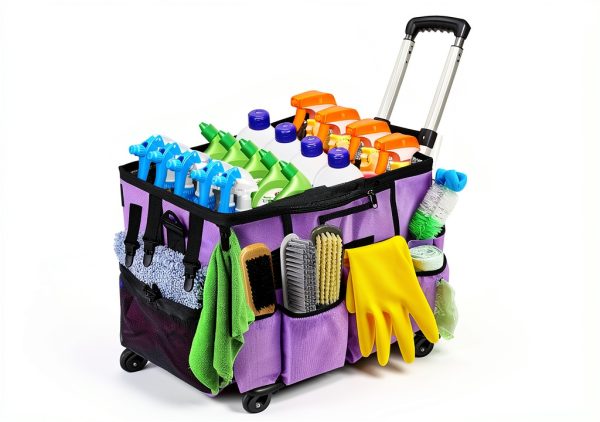 Large Rolling Cleaning Bag with Detachable Trolley, Portable Cleaning Cart with Waterproof Aluminum Foil Lining for Housekeepers, Cleaning Supply Caddy on Wheels for Home, Car, Office, Picnic(Purple)-0
