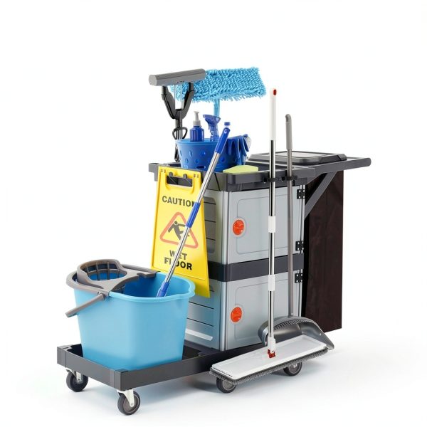 Janitorial Cart MilleLoom 3‑Shelf Cleaning Cart with 2 Cabinets-6