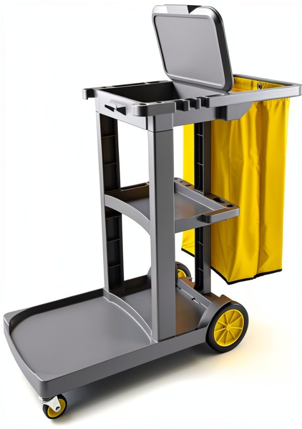Compact Janitorial Cart Farag 3 Shelves 25 Gallon Vinyl Bag Gray 450lb-0