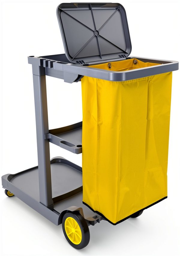 Compact Janitorial Cart Farag 3 Shelves 25 Gallon Vinyl Bag Gray 450lb-1