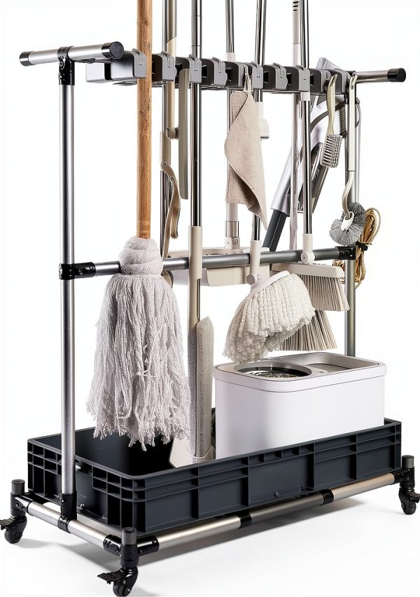Cleaning Cart by Generic with Broom and Mop Holder Steel Organizer-0